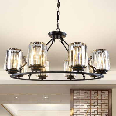 Black Wheel Chandelier Modern Crystal Cylinder 6/8-Head Dining Room Pendant Ceiling Lamp