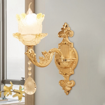 Brass 1/2-Bulb Sconce Light Fixture Traditional Frosted Glass Floral Wall Mounted Lamp