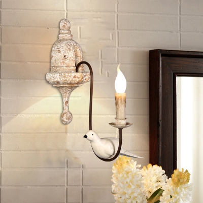 Candle Dining Room Wall Lamp Rustic Metallic 1/2-Head Brown-White Sconce with Bird Decor