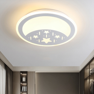 Circle Flush Mount Lighting Modernist Acrylic LED Bedroom Ceiling Lamp with Moon/Star/Deer Design in White