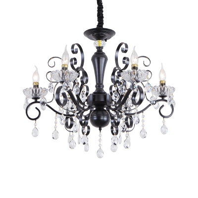 Classic Candle Ceiling Chandelier 6/8 Heads Beveled Crystal Suspension Pendant Light in Black with Droplets