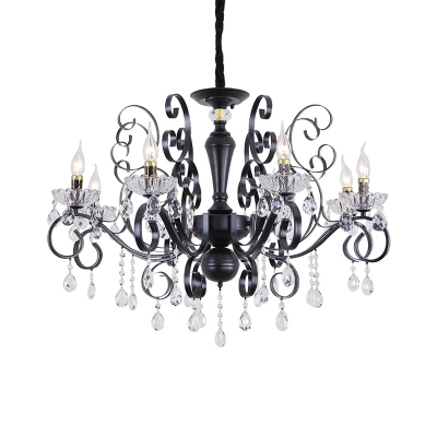 Classic Candle Ceiling Chandelier 6/8 Heads Beveled Crystal Suspension Pendant Light in Black with Droplets
