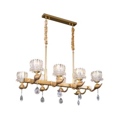 Clear Crystal Lotus Island Lamp Postmodern 8 Bulbs Dining Table Suspension Pendant in Brass
