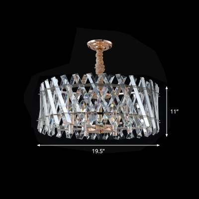 Clear Glass Rods Drum Chandelier Lamp with Tri-Sides Design Modern 6 Lights Ceiling Suspension Lamp for Sitting Room