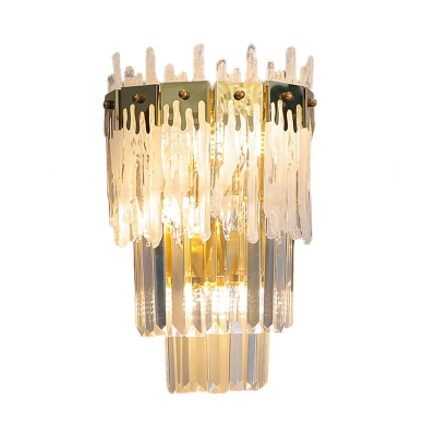 Crystal Gold Flush Wall Sconce Layered Half Cylinder 3 Lights Postmodern Wall Lamp