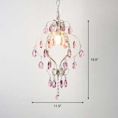 Distressed White 1 Bulb Pendant Traditional Metal Scroll Arm Ceiling Hang Fixture with Pink Crystal Drip Decor
