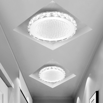 Drum Flush Mount Lighting Modernity Crystal Block LED Corridor Close to Ceiling Lamp in Chrome, Warm/White Light