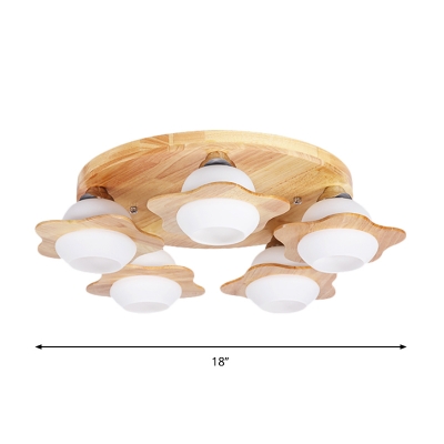 Flower Wood Ceiling Mount Light Fixture Modern 3/5 Bulbs Wood Semi Flush with Orb Opaque Glass Shade