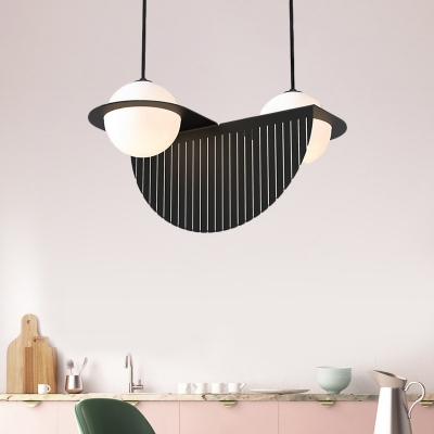 Frosted White Glass Ball Multi Pendant Modernist 2 Lights Black Hanging Ceiling Lamp with Semicircle Panel