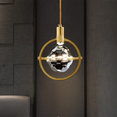 Gold Circular Down Lighting Pendant Postmodern Metal Bedside LED Suspension Light with Ball Clear Crystal Diffuser