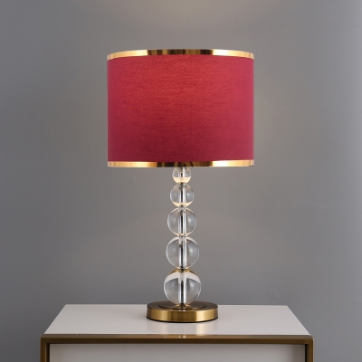 K9 Crystal Burgundy/Beige Night Lamp Globe 1 Head Nightstand Lighting with Cylinder Fabric Shade