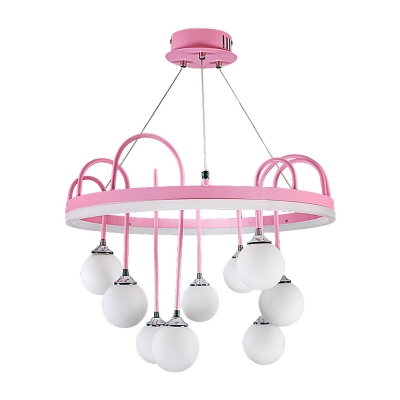 Macaron Ball Ceiling Chandelier White Glass 9-Light Children Room Suspension Lighting with Arc Arm in Pink