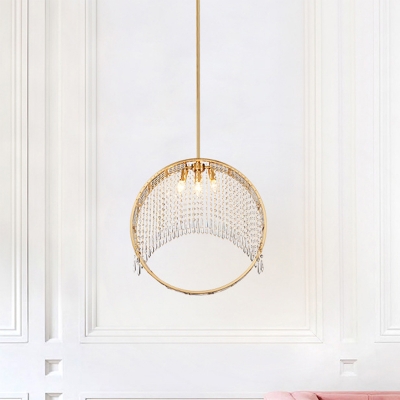 Metal Circle Ring Chandelier Light Fixture Contemporary 3-Light Suspension Lamp in Gold with Crystal Strands
