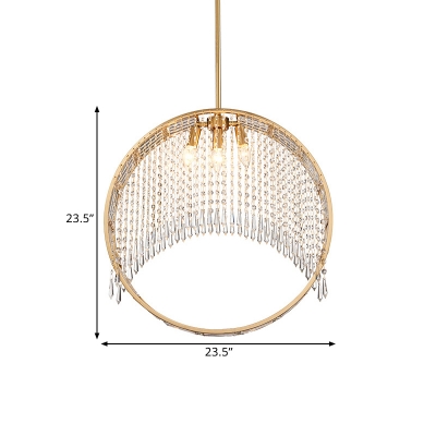 Metal Circle Ring Chandelier Light Fixture Contemporary 3-Light Suspension Lamp in Gold with Crystal Strands