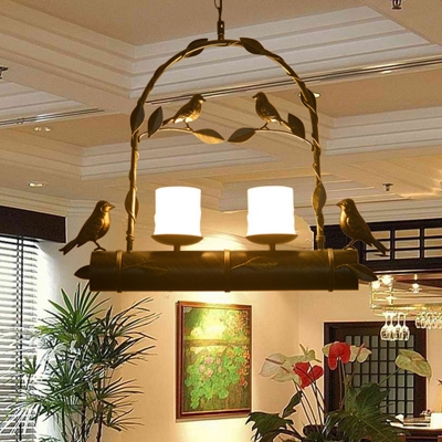 Opal Glass Pillar Candle Chandelier Rural 2-Bulb Dining Room Pendant Light with Bird and Arch Frame in Distressed Black