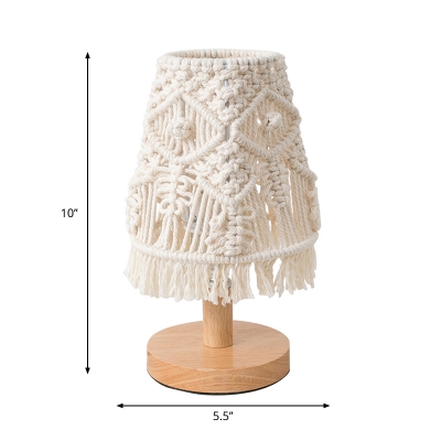 Round Base Night Light Minimalism Wood 1-Head White Desk Lamp with Cone Woven Shade
