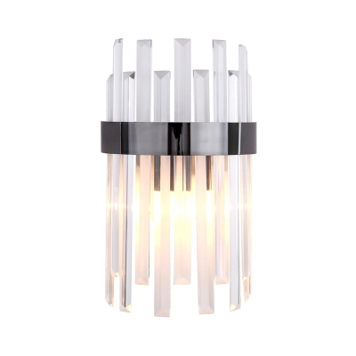 Single-Bulb Flush Wall Sconce Modern Dining Room Wall Mount Lamp with Cylindrical Crystal Rods Shade in Black