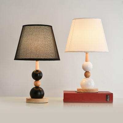 Stacked Balls Wood Table Lamp Nordic 1-Head Black/White Nightstand Light with Conic Fabric Shade