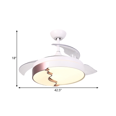 White Finish Round Pendant Fan Light Modernism LED Metal Semi Mount Lighting with 4 Clear Blades, 42.5