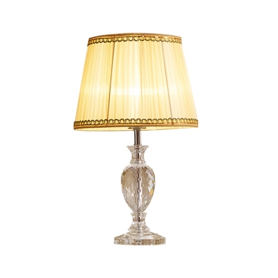 1-Head Table Lighting Traditional Tapered Drum Fabric Night Lamp in Yellow/Blue with Urn Crystal Base