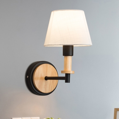1-Light Black/White Barrel Wall Lighting Contemporary White/Beige Fabric Wall Mounted Lamp with Straight Arm