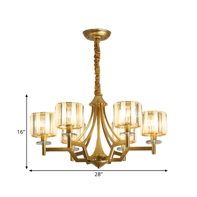 3/6 Heads Cylinder Hanging Chandelier Light Contemporary Crystal Block Ceiling Suspension Lamp in Gold
