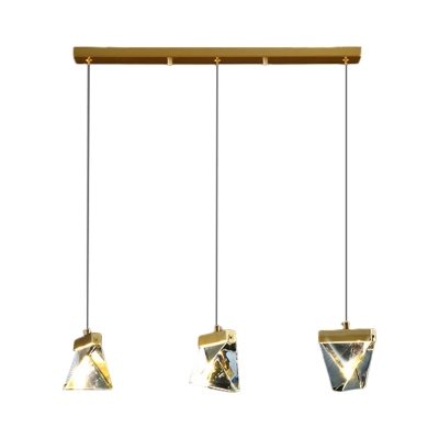 3-Bulb Clear Crystal LED Multi Pendant Post-Modern Brass Pyramid Dining Table Suspension Light