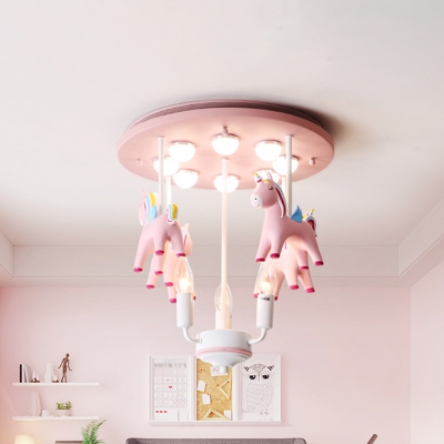 3 Heads Pink Unicorn Ceiling Light Macaron Metallic Semi Flush Chandelier for Nursery