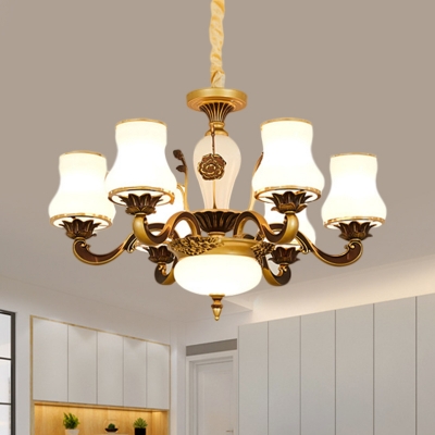 6/8 Bulbs Ceiling Pendant with Cone Shade Milk Glass Traditional Bedroom Hanging Light Fixture in Brass