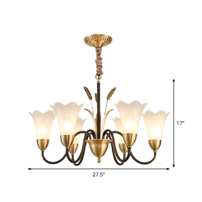 6/8-Light Flower Up Chandelier Traditional Black-Gold Frosted White Glass Hanging Lamp for Bedroom
