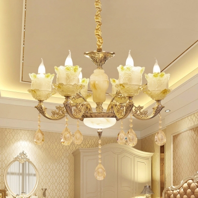 6-Bulb Candle Chandelier Light Fixture Traditional Brass Frosted Glass Suspension Lighting with Crystal Accent