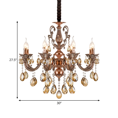 8 Lights Candelabrum Chandelier Traditional Copper Metal Pendant Light Kit with Crystal Drop