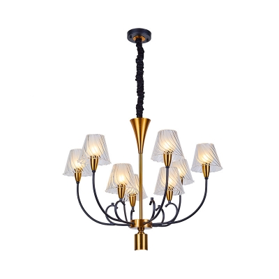 9 Heads Living Room Chandelier Light Fixture Postmodern Black-Gold Pendulum Lamp with Cup Shape Ruffle Glass Shade