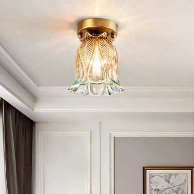 Amber Glass Floral Close to Ceiling Lamp Classic 1 Bulb Hallway Flush Mount Fixture in Brass