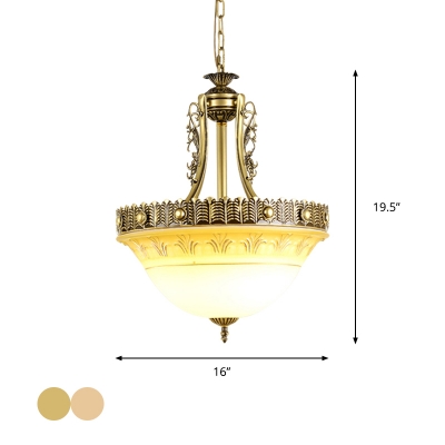 Antiqued Bell Drop Pendant 1-Bulb Ivory Glass Hanging Ceiling Light in Beige/Brass for Corridor, 12