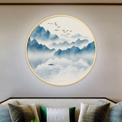 Asian Mountain and River LED Wall Lamp with Wood Shade Grey/Blue Round Surface Wall Mural Sconce in Warm/White Light