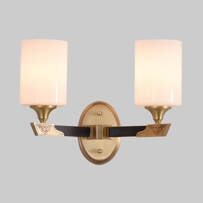 Black-Gold 1/2-Bulb Wall Lighting Traditional Opaline Glass Cylindrical Sconce Light Fixture