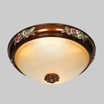 Brown 3 Bulbs Flush Mount Lighting Antique Frosted Glass Dome Ceiling Lamp with Rose Trim, 12
