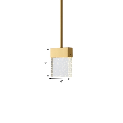 Clear Seeded Crystal LED Pendant Lamp Minimalistic Brass Rectangle Dining Room Hanging Light Fixture