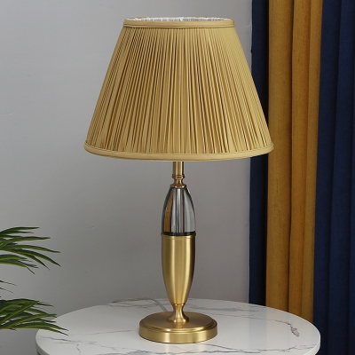 Conical Pleated Fabric Night Table Lamp Post Modern 1 Head Yellow Desk Light with Capsule Stand
