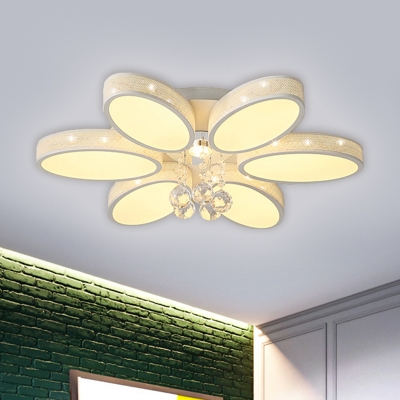 Contemporary Floral Ceiling Lamp White Acrylic LED Bedroom Flush Mount Fixture with Crystal Accent