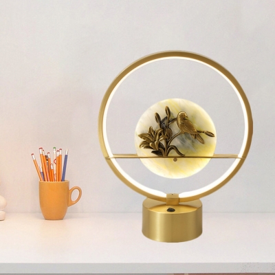 Contemporary Flower and Bird Desk Light with Ring Design Metallic LED Bedside Table Lamp in Gold