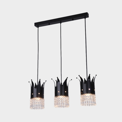 Crown Multi Pendant Light Fixture Contemporary Crystal 3-Bulb Black Hanging Lamp with Round/Linear Canopy