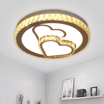 Crystal Block Round Flush Mount Fixture Simple LED Close to Ceiling Lamp in Chrome with Loving Heart Pattern, Warm/White Light