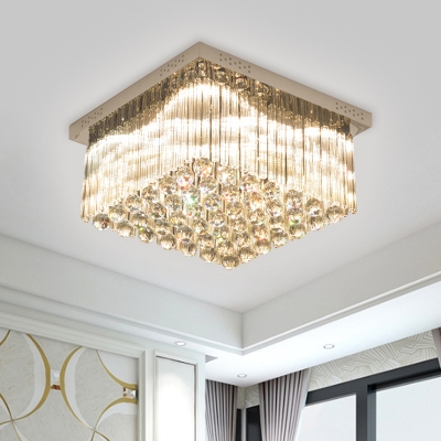Crystal Rod Square Flush Mount Lamp Contemporary LED Chrome Close to Ceiling Light in Warm/White Light for Living Room