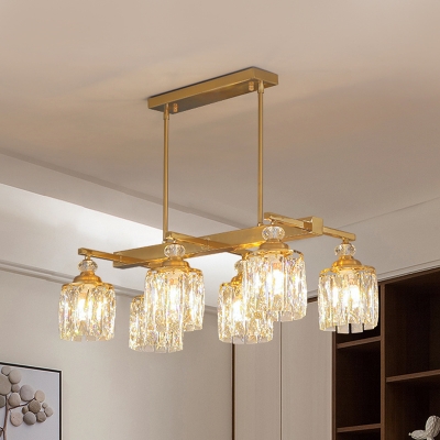 Cylindrical Restaurant Island Lamp Clear Crystal Glass 6-Bulb Contemporary Hanging Pendant Light in Gold