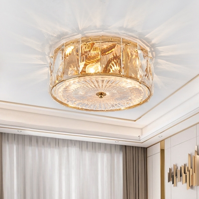 Drum Ceiling Mounted Fixture Contemporary Rectangle-Cut Crystal 4-Light Bedroom Flush Mount Lamp in Gold