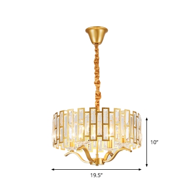 Drum Hanging Light Kit Modern 3/4 Heads Crystal Down Chandelier Lighting in Gold with Bobeche, 16