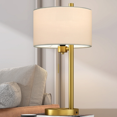 Gold Drum Reading Book Light Colonial Fabric LED Bedroom Night Lamp with On/Off Pull Chain