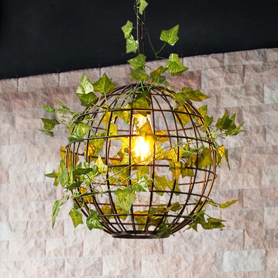 

Industrial Globe Cage Ceiling Hang Fixture 1 Bulb Iron Pendulum Light in Black with Simulated Plant Deco, HL659346